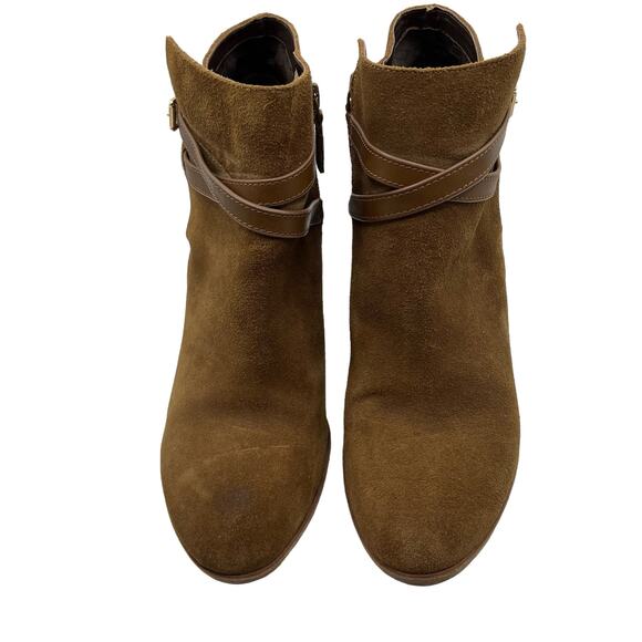 Cole Haan Brown Suede Ankle Boots Leather Strap 3.5" Heel Boot Buckle SZ 9.5B - Picture 1 of 14